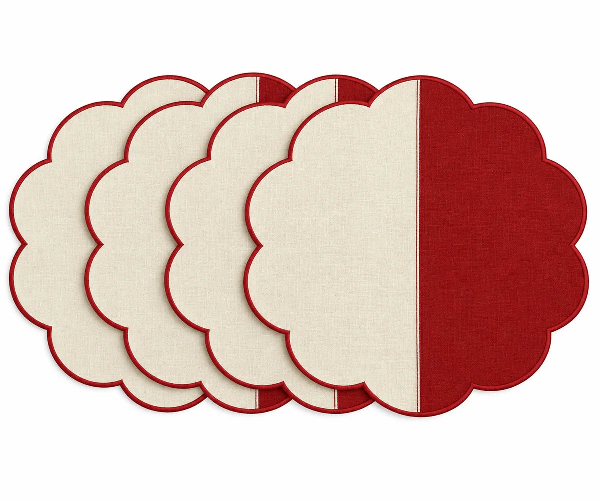 Round cotton scalloped placemat set in ivory and red.