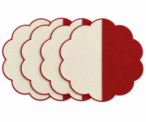 Round cotton scalloped placemat set in ivory and red.