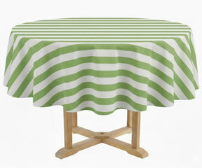 Red and white striped round tablecloth 54 inch made from breathable cotton for indoor dining or patio table.