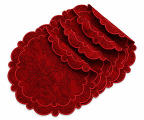 Red damask scalloped cotton placemats with floral jacquard pattern for holiday dining table decor and elegant table settings.