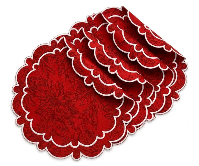 Red and black round jacquard placemat with decorative scalloped edge, reusable cotton table mat for holiday gatherings and special occasions