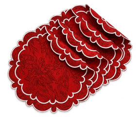 Red and black round jacquard placemat with decorative scalloped edge, reusable cotton table mat for holiday gatherings and special occasions