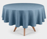 Dusty Blue round linen tablecloth crafted from 100% washed linen, reusable table cover for weddings, dining rooms, holiday gatherings, and everyday entertaining