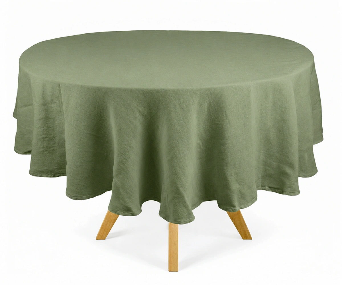 round linen tablecloth made from 100% washed linen, soft reusable tablecloth for farmhouse dining, weddings, holiday tables, and everyday meals.