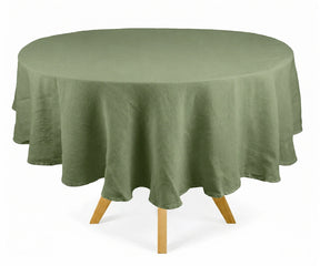 round linen tablecloth made from 100% washed linen, soft reusable tablecloth for farmhouse dining, weddings, holiday tables, and everyday meals.