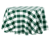 Gingham-style green and white plaid tablecloth on round table