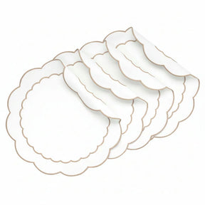 Beige round scalloped cotton placemat with subtle peony embroidery for elegant table settings