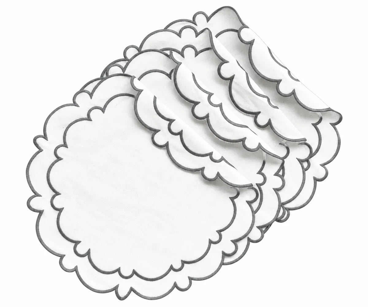 Grey and white round cotton placemats with a simple two-tone design, styled on a dining table for everyday meals and modern table settings