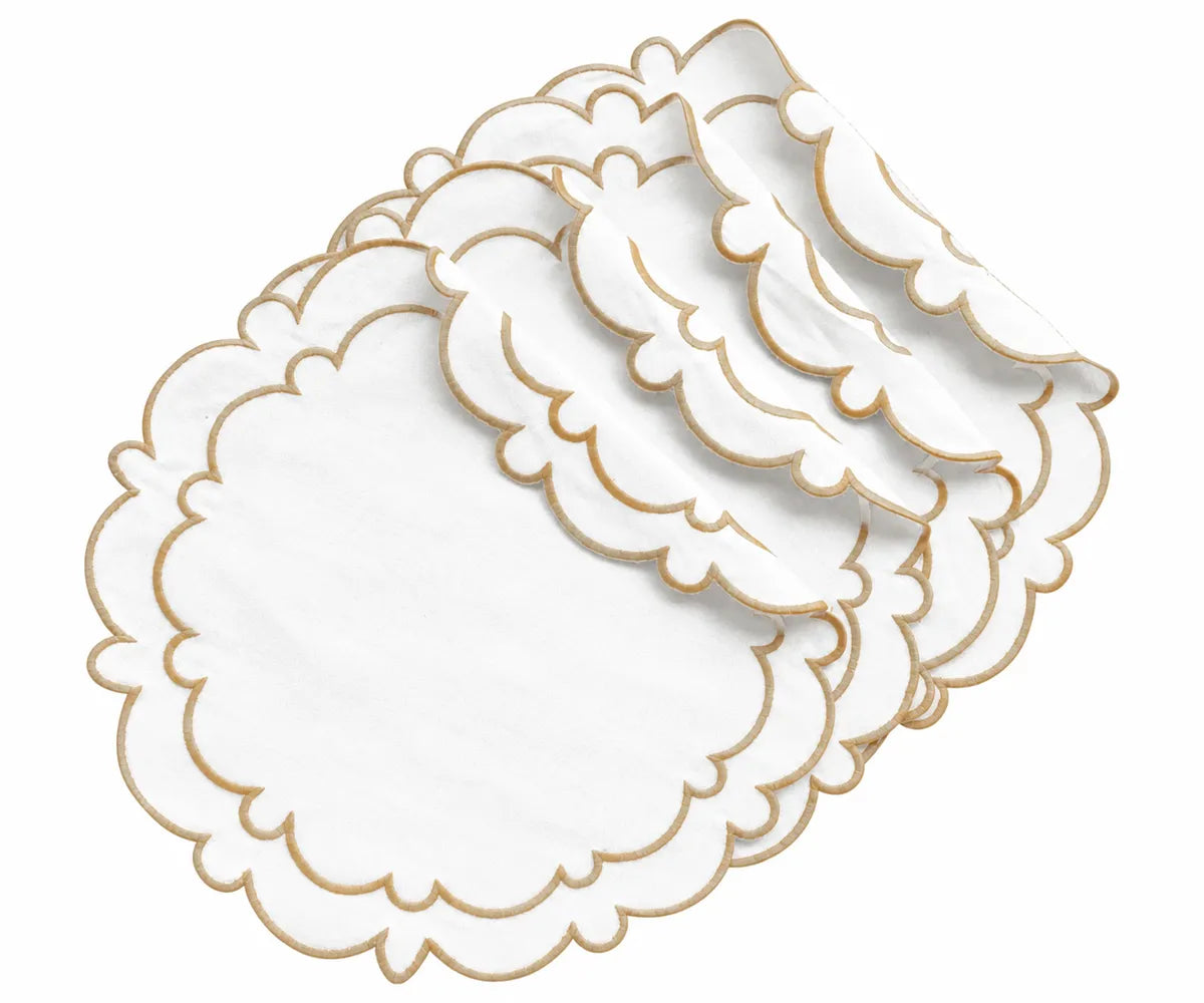 White cotton scalloped round placemats with natural-colored edging, layered to show the decorative border and available in 15-inch and 27-inch sizes.