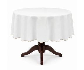 White round cotton tablecloth featuring an ivory scalloped edge, crafted from 100% cotton for a timeless and refined look. This white tablecloth with ivory trim suits classic and modern interiors, ideal for dining tables, weddings, holiday gatherings, formal meals, and elegant home décor.