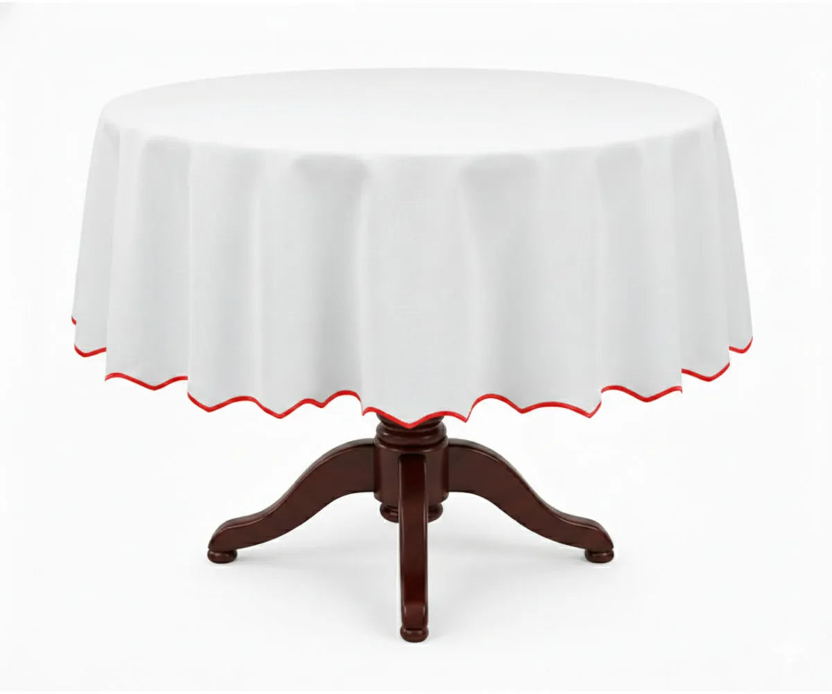 White round cotton tablecloth highlighted by a bold red scalloped edge, crafted from 100% cotton for long-lasting quality. This white tablecloth with red trim is ideal for festive dining, holiday décor, celebrations, weddings, and creating a vibrant yet elegant tablescape.