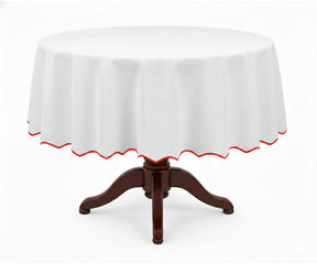 White round cotton tablecloth highlighted by a bold red scalloped edge, crafted from 100% cotton for long-lasting quality. This white tablecloth with red trim is ideal for festive dining, holiday décor, celebrations, weddings, and creating a vibrant yet elegant tablescape.