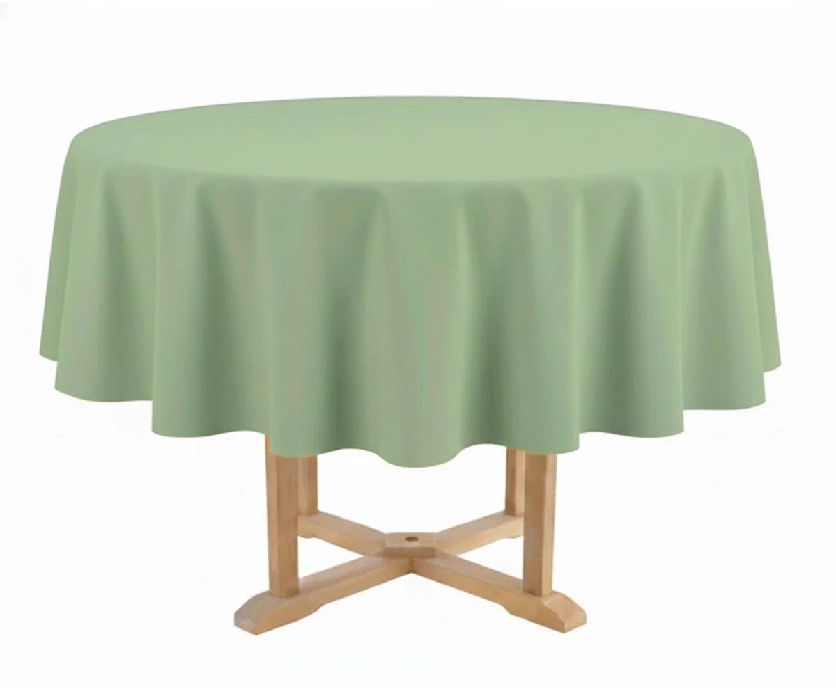 Plain round sage green tablecloth with a smooth finish, elegant table cover for everyday dining and special occasions