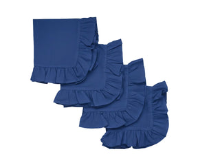 Royal blue ruffle edge cotton dinner napkins set on a dining table
