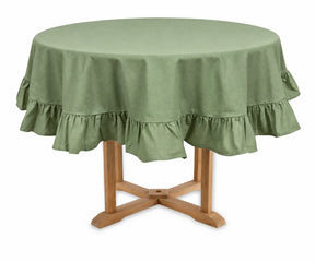 Sage green cotton round tablecloth with ruffle trim, elegant farmhouse table cover for weddings, parties, and casual dining