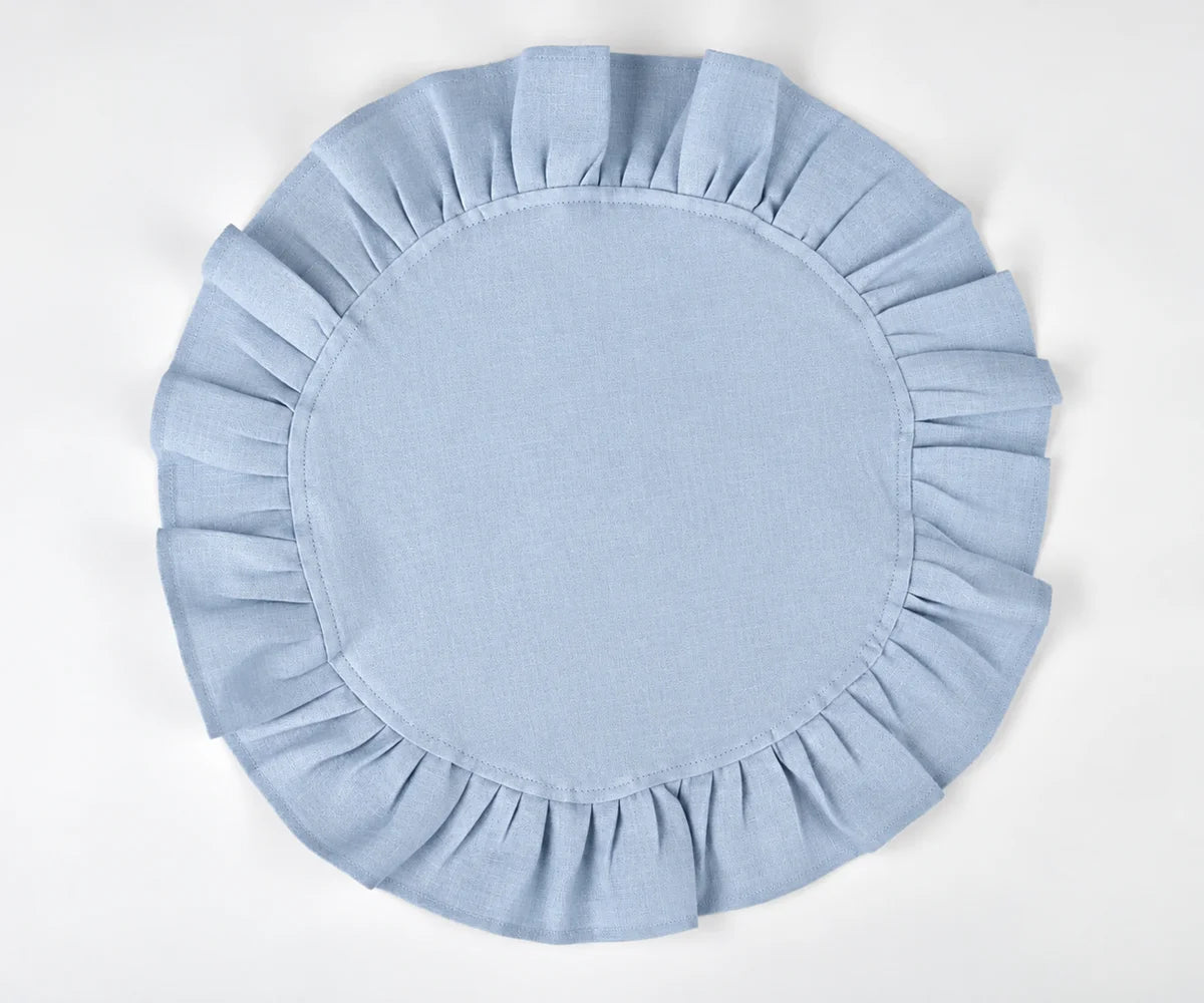 Light blue round linen napkins with ruffled edge for wedding tables, garden parties, and dining