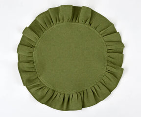 Olive green round linen napkins with ruffled edge for wedding tables, dinner parties, and events