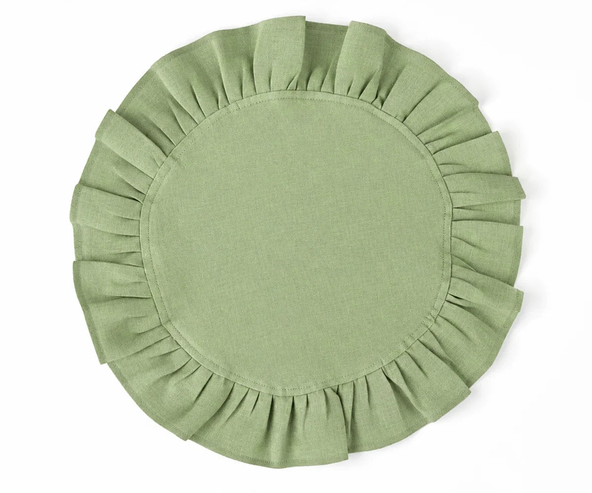 Sage green round linen napkins with ruffled edge for elegant wedding table settings and dining