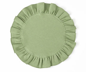 Sage green round linen napkins with ruffled edge for elegant wedding table settings and dining