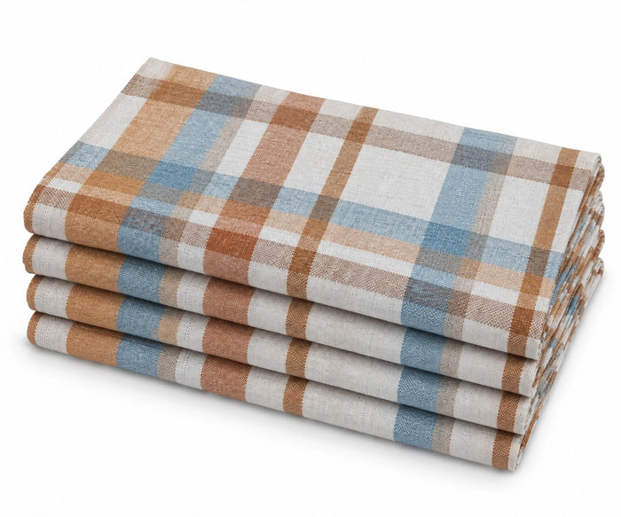 Stacked set of 4 cloth napkins with a rust brown, light blue, and beige plaid pattern