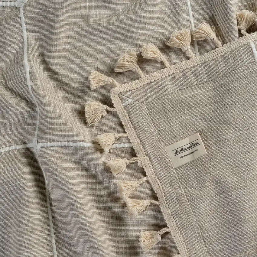 eco-friendly beige striped tablecloth with tassels