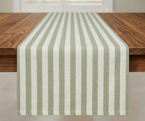 Light sage green striped cotton table runner for dining table décor