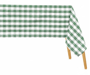 Sage green and white cotton buffalo plaid rectangular tablecloth with classic gingham checkered design for farmhouse dining