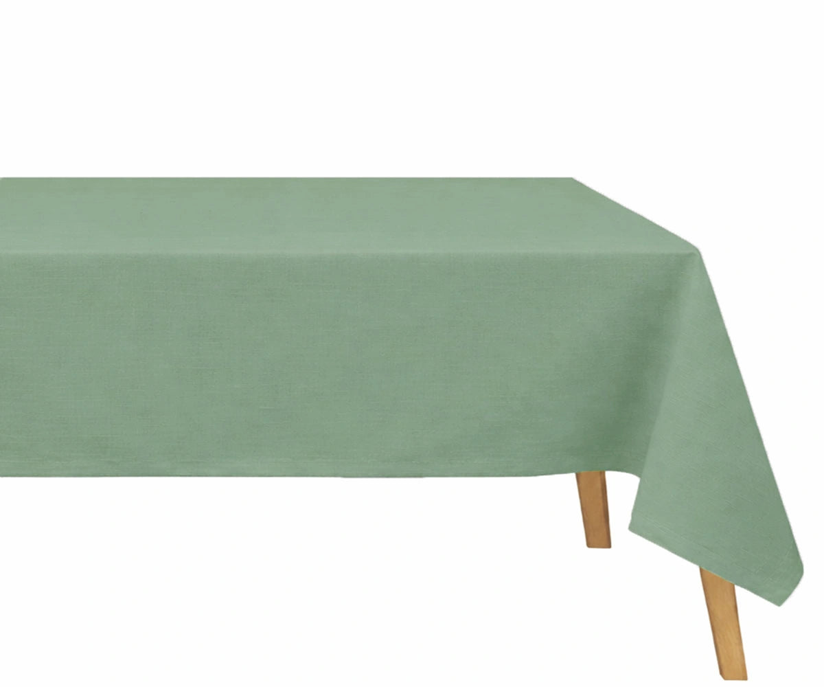 Sage green cotton linen blend rectangular tablecloth with plain finish, breathable reusable table linen for modern and farmhouse dining spaces