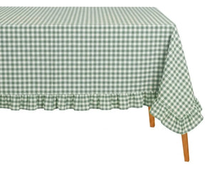 Classic gingham cotton tablecloth with decorative ruffle designed for everyday dining and special occasions