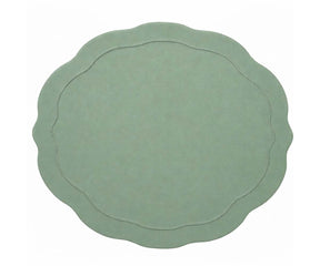 Embroidered sage green oval placemats with double scalloped edge