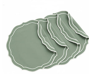 Sage green round woven placemats set of 4 with embroidered scalloped edges, crafted from durable 100% cotton, perfect for everyday dining, spring table settings, and minimalist home décor.