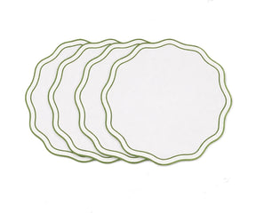 Sage green round embroidered placemats made from 100% cotton with scalloped edge and delicate stitching for elegant dining table décor