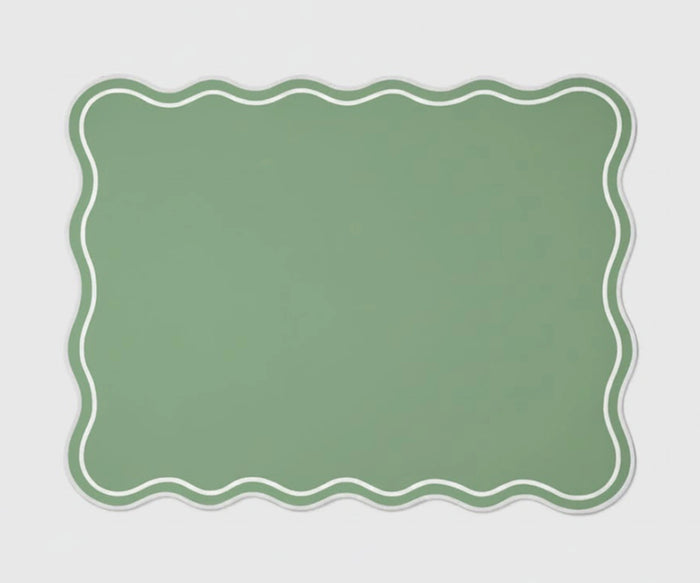 Sage green rectangle cotton placemats with white scalloped border, washable dining table mats