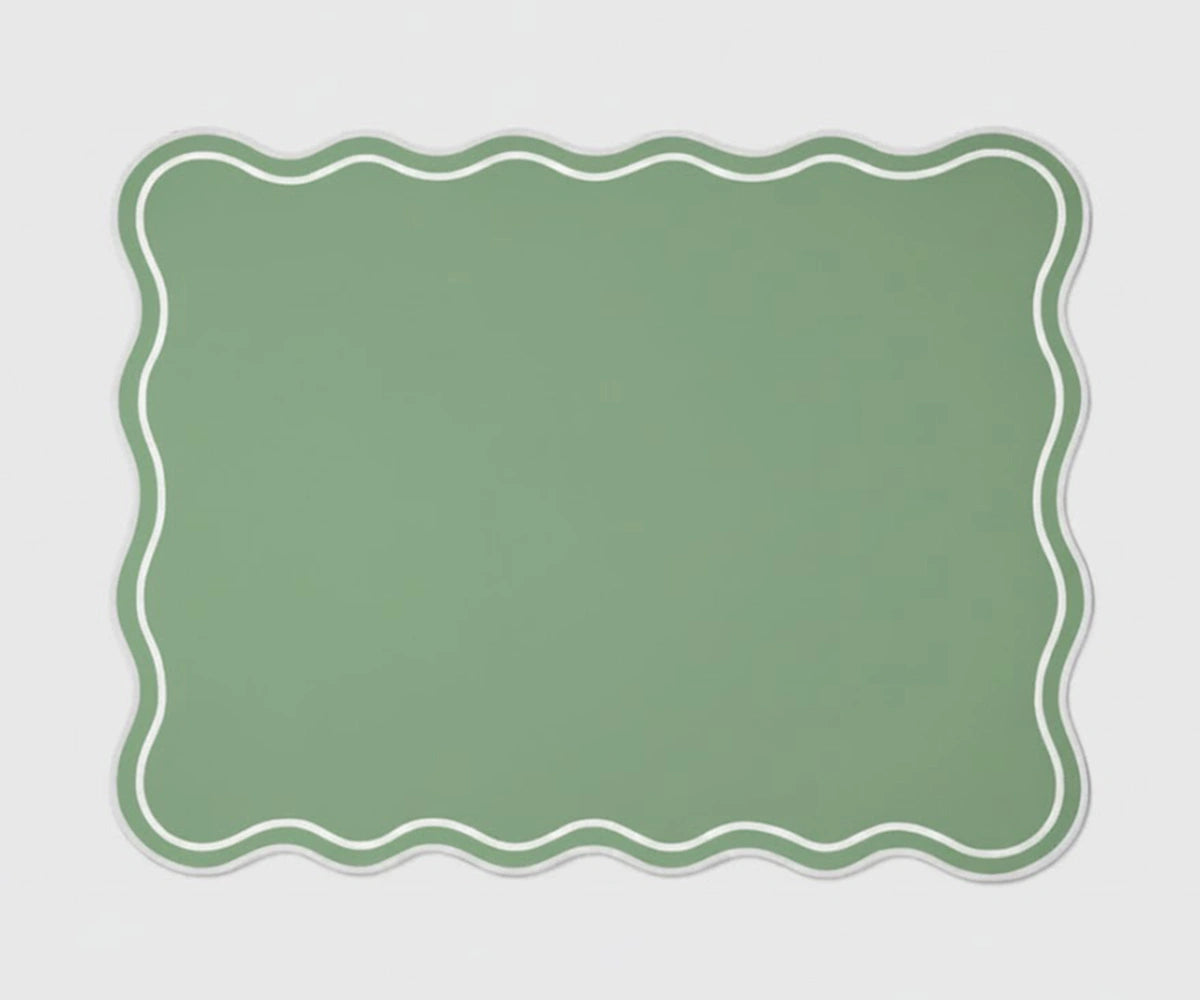 Sage green rectangle cotton placemats with white scalloped border, washable dining table mats
