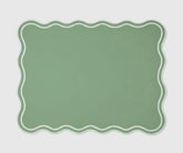 Sage green rectangle cotton placemats with white scalloped border, washable dining table mats