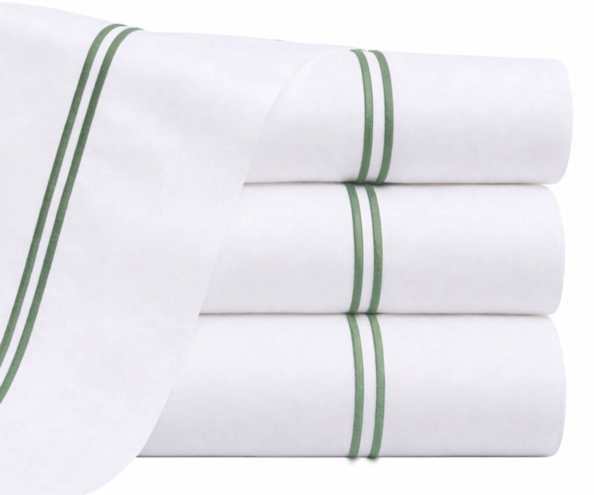 sage green embroidered flat sheet cotton percale earthy green bedding double line stitch hotel style flat sheet