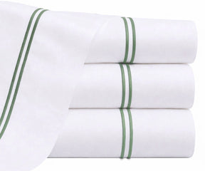sage green embroidered flat sheet cotton percale earthy green bedding double line stitch hotel style flat sheet