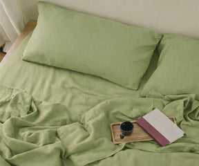 Sage green linen bed sheets set made from 100% pure linen, these European linen sheets breathable fabric and deep pocket fitted sheet