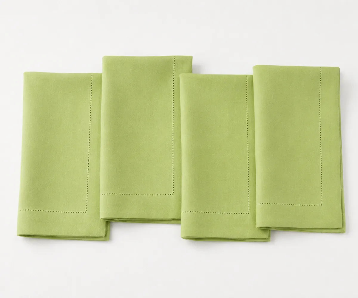 Elegant sage green cotton hemstitch napkins, reusable washable cloth dinner napkins for weddings, rustic table settings, holiday gatherings, and everyday dining.