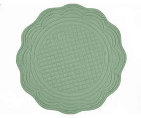 Sage green quilted cotton round placemat with scalloped edge for calming farmhouse and modern table décor