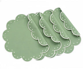 Sage green scalloped placemats with white dotted detailing, luxury round placemats for dining table