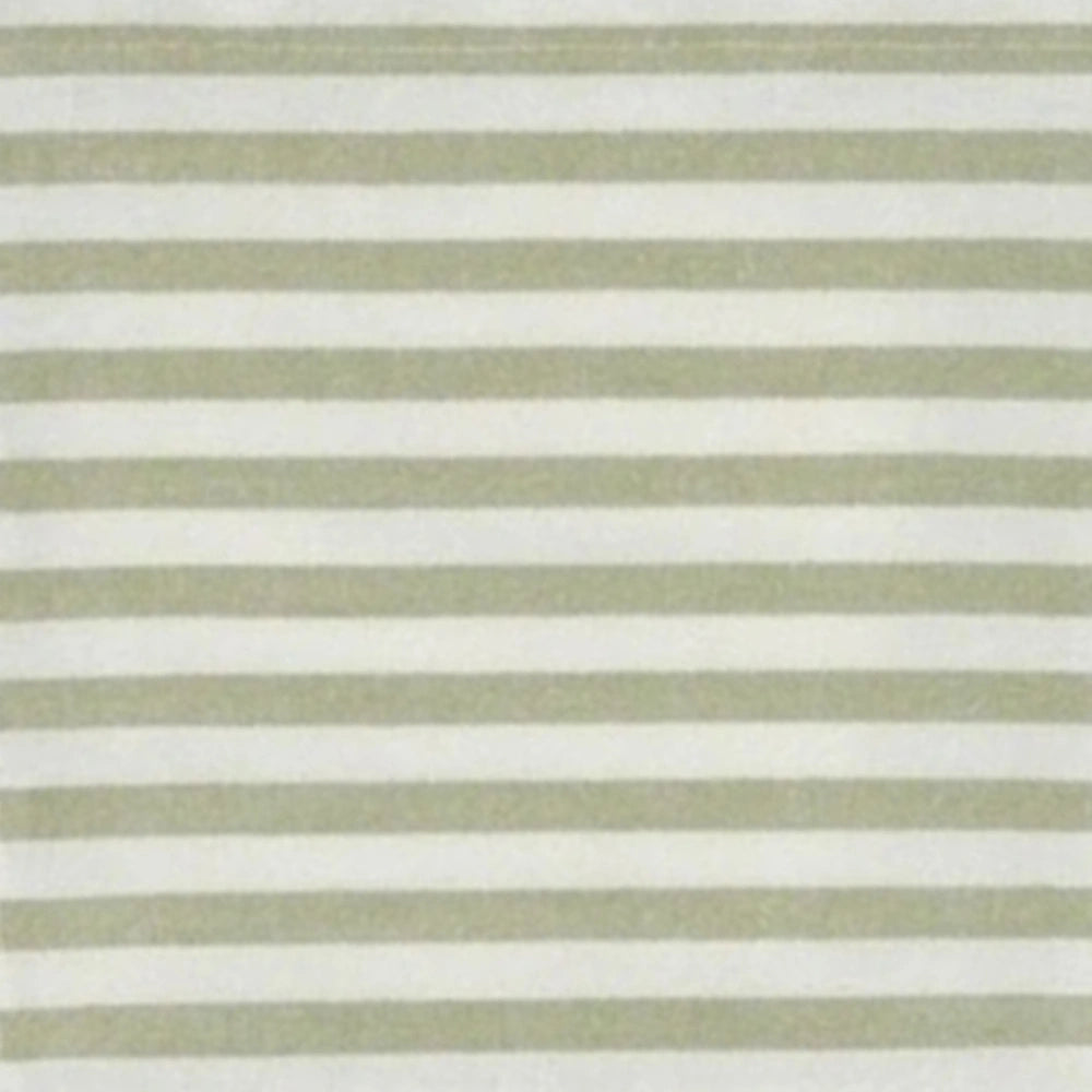 Detailed fabric swatch of sage green and white horizontal striped cotton for a cushion cover, displaying the textile weave.