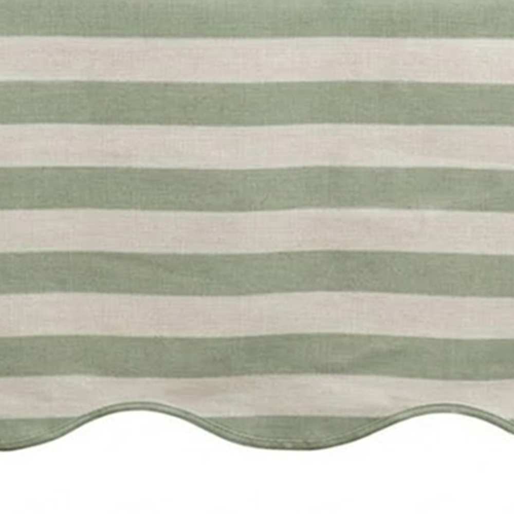 Sage Green and white striped awning with scalloped edge