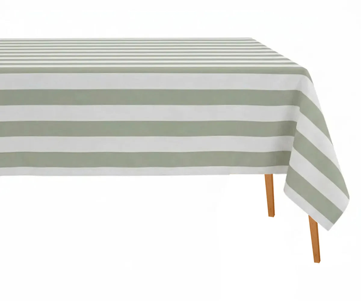 Sage green striped cotton linen rectangle tablecloth, natural tone fabric ideal for rustic farmhouse and garden tables
