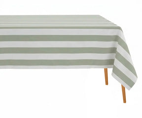 Sage green striped cotton linen rectangle tablecloth, natural tone fabric ideal for rustic farmhouse and garden tables