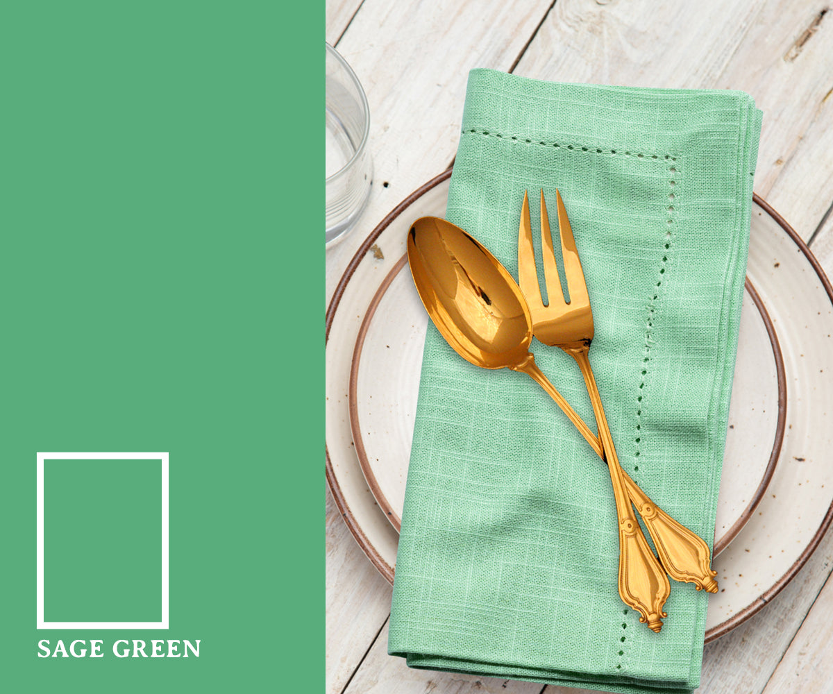 Sage green napkins arranged on a dining table, adding a soft and elegant touch for everyday meals, parties, and special occasions.