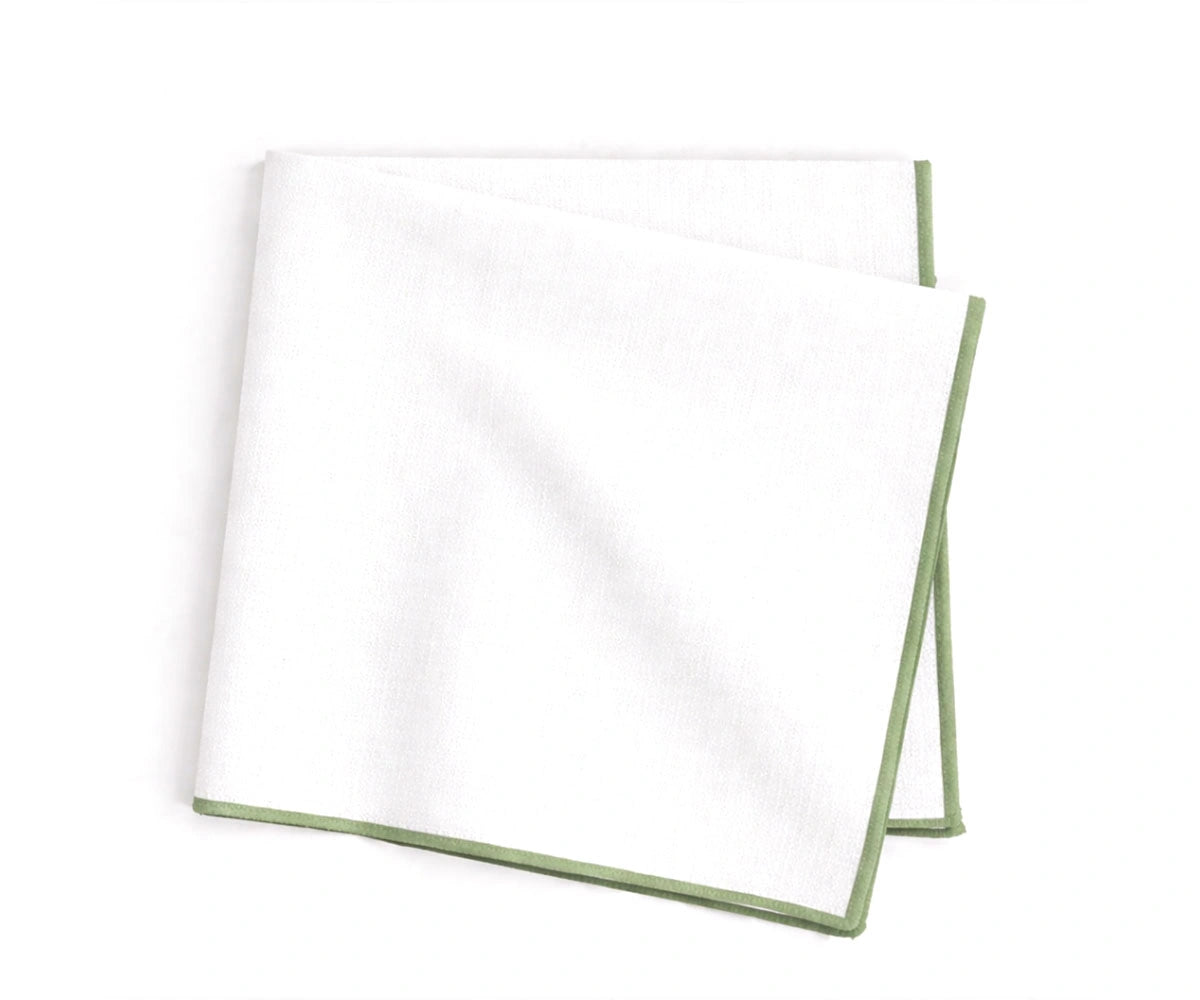 sage green merrow stitch border, embroidered napkins for natural and modern tables