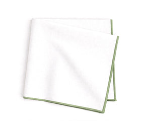 sage green merrow stitch border, embroidered napkins for natural and modern tables