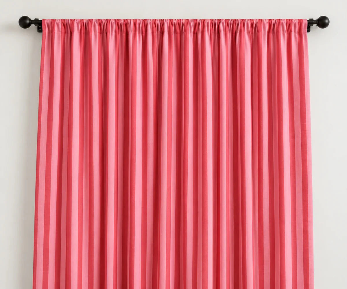 Red and pink striped cotton curtains, washable vertical cabana window panels for colorful cottage and farmhouse decor