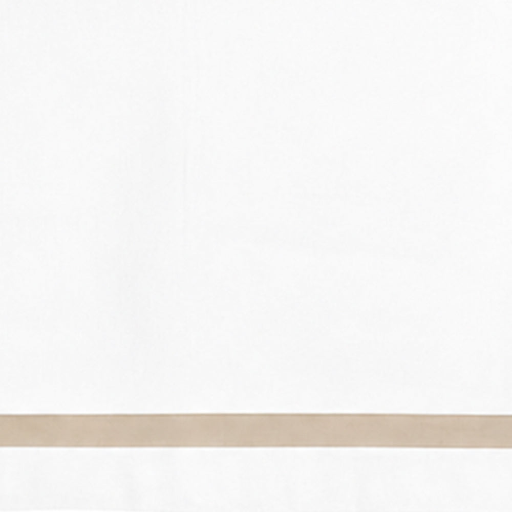 White cotton tablecloth with satin border styled with dinnerware and floral centerpiece, elegant wedding reception and dining table linen